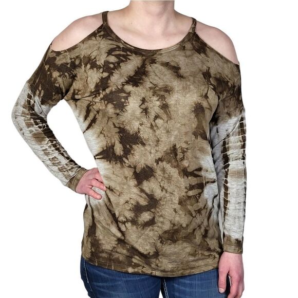 AMERICAN AGE SOFT TIE DYE COLD SHOULDER Top - Picture 1 of 8